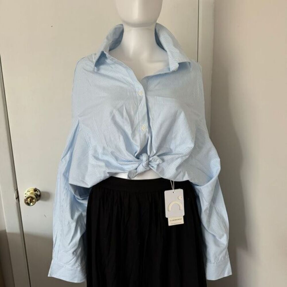 Commense Light Blue Striped‎ Button-Down Shirt Oversized Collar Long Sleeve M